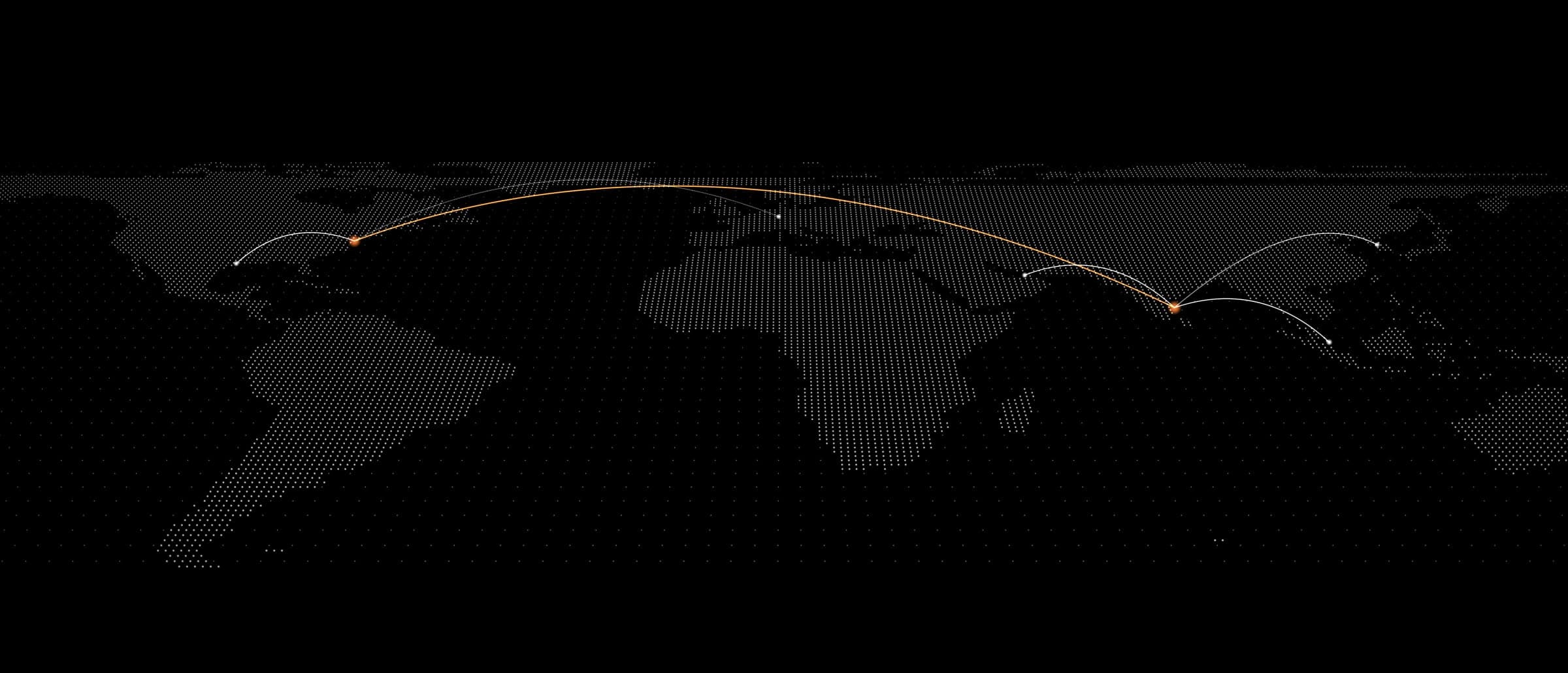 Dotted world map with the Farevix offices in the United States and India highlighted, linked to each other and to regions in the United States, Europe, the Middle East and Asia-Pacific
